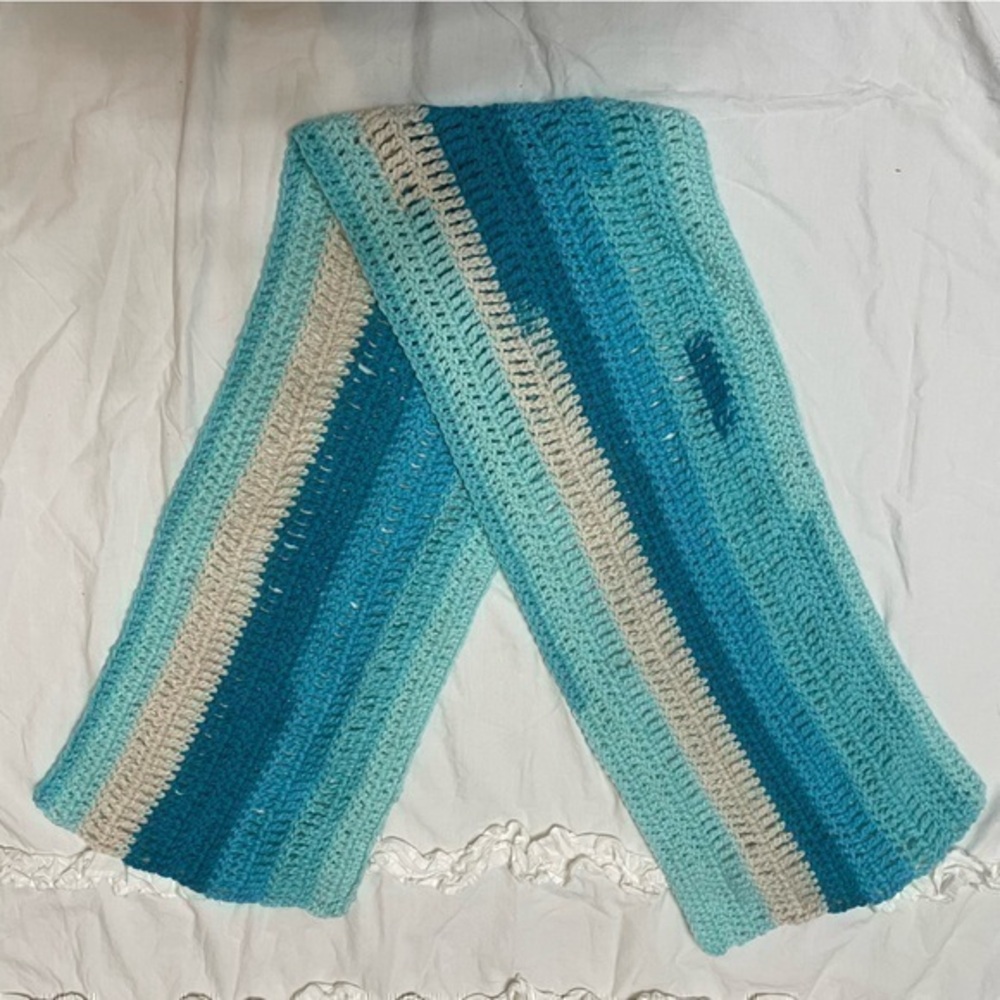 NEW Handmade Artisan Crochet 🧶 Granny Scarf, Shawl, Table Runner, Aqua Stripe